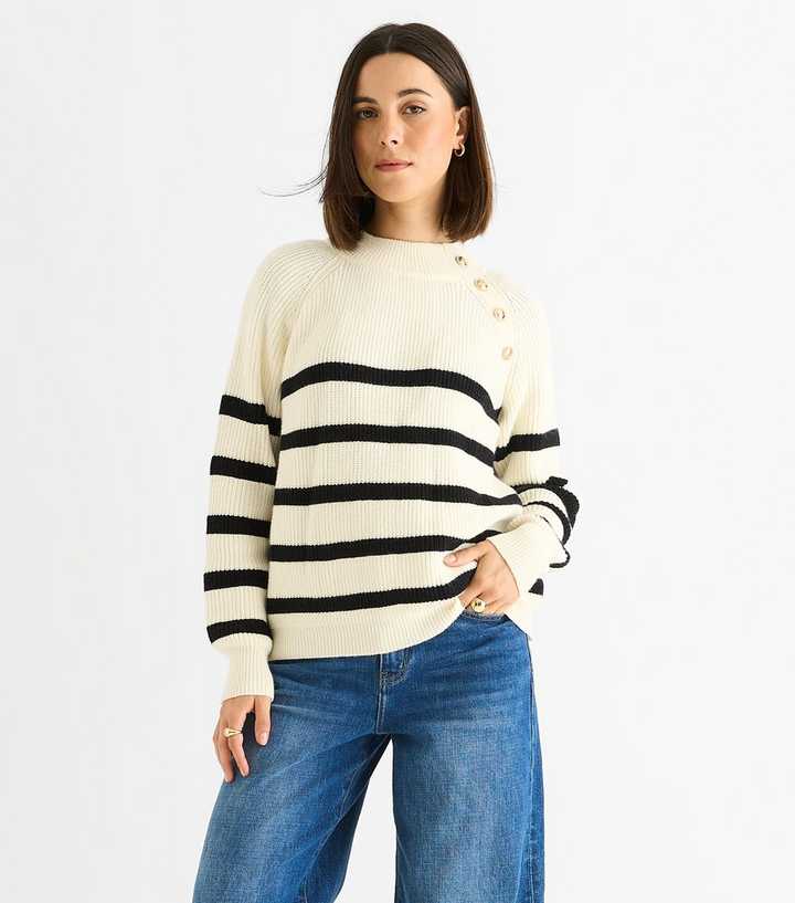 Gini London Cream Striped Button Detail Jumper