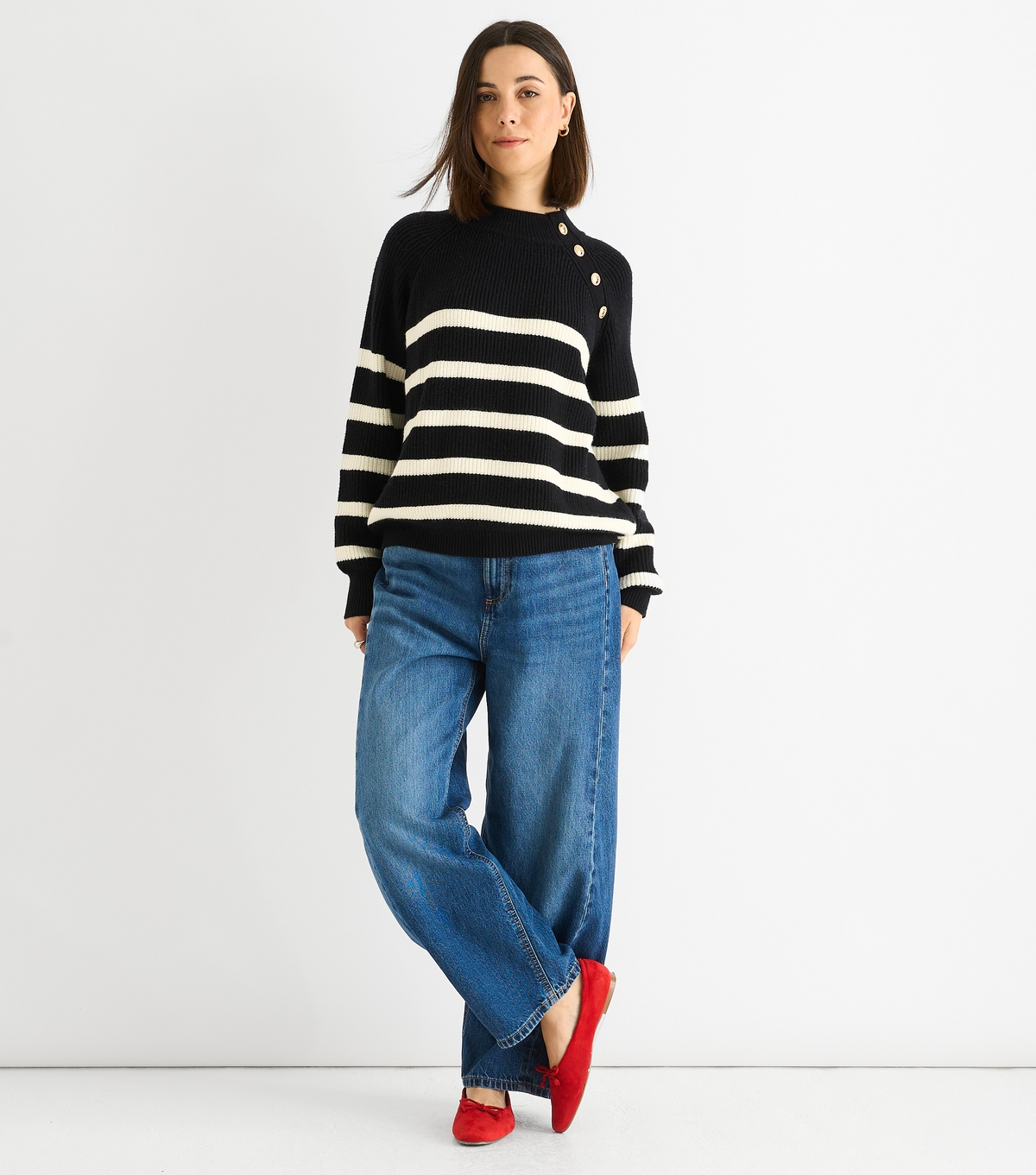 Gini London Women's Black Ribbed Knit Striped Jumper New Look Large