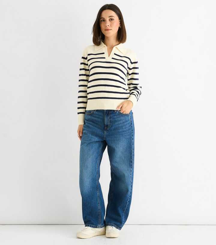 Gini London Cream Striped Collared V-Neck Jumper