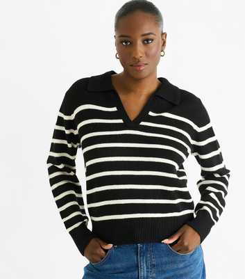 Gini London Black Striped Collared V-Neck Jumper