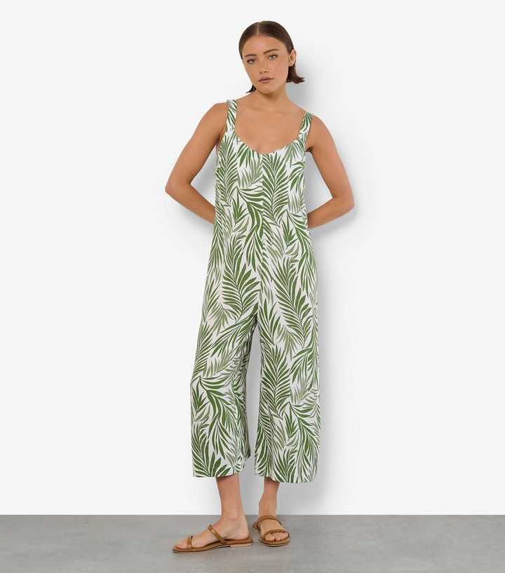 Apricot Green Leaf Print Wide Leg Cropped Jumpsuit