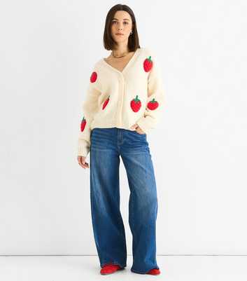 Gini London Cream Strawberry Embroidered Cardigan 