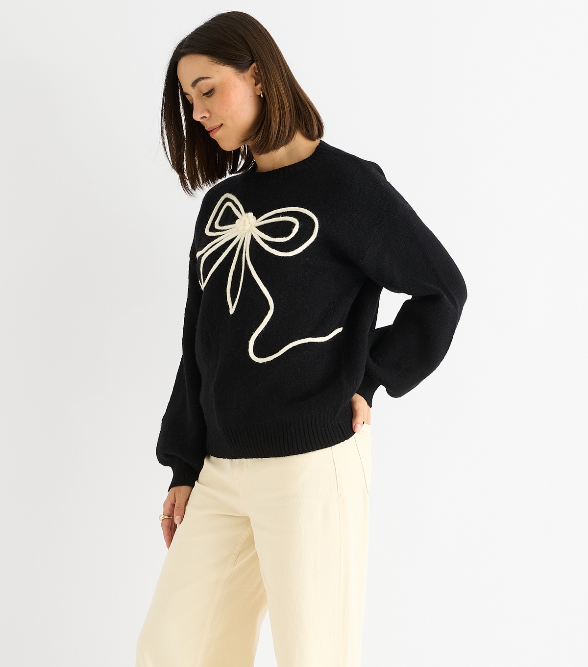 Gini London Women's Black Contrast Bow Jumper New Look Medium