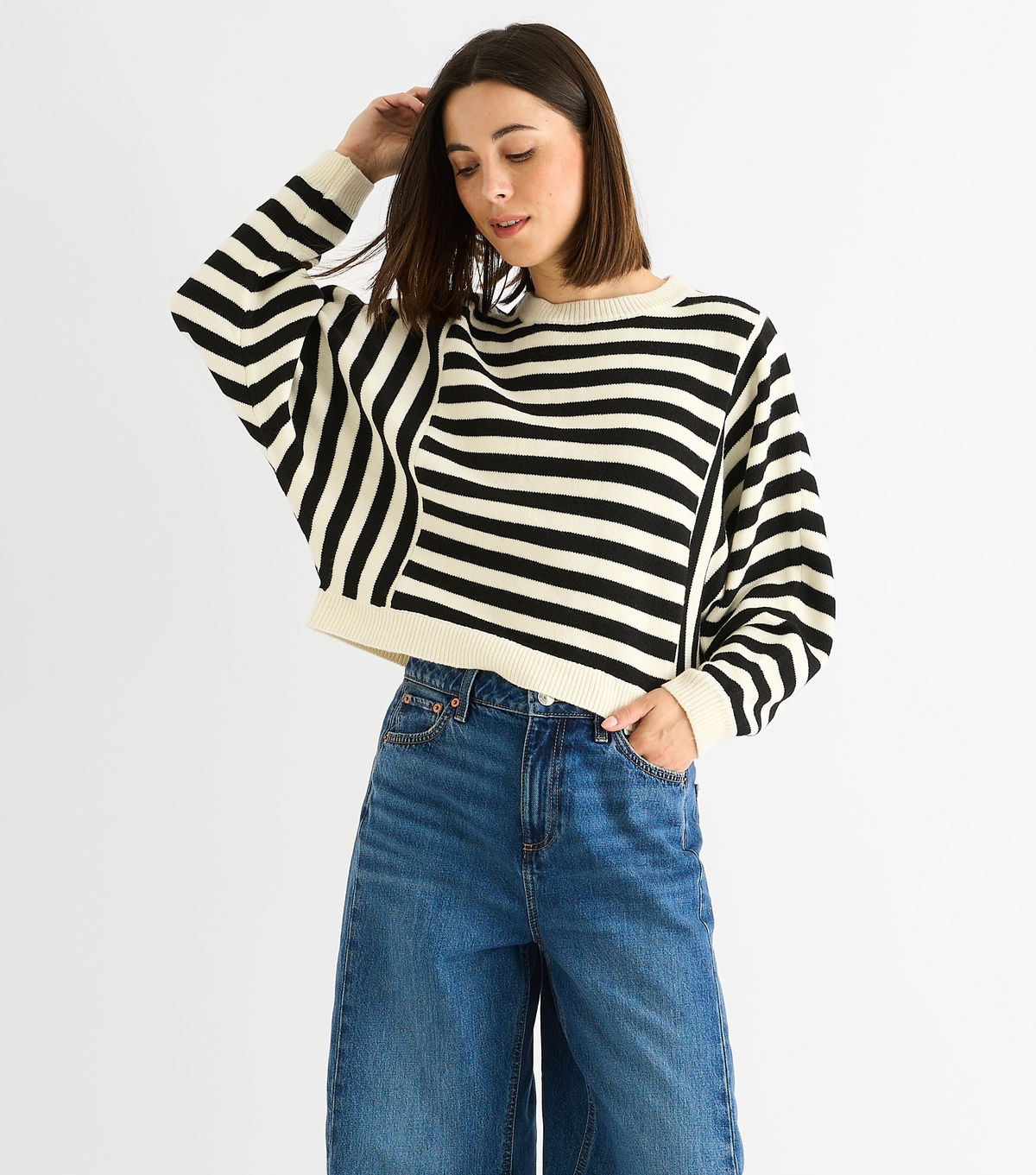 Gini London Women's White Black Striped Jumper New Look Large