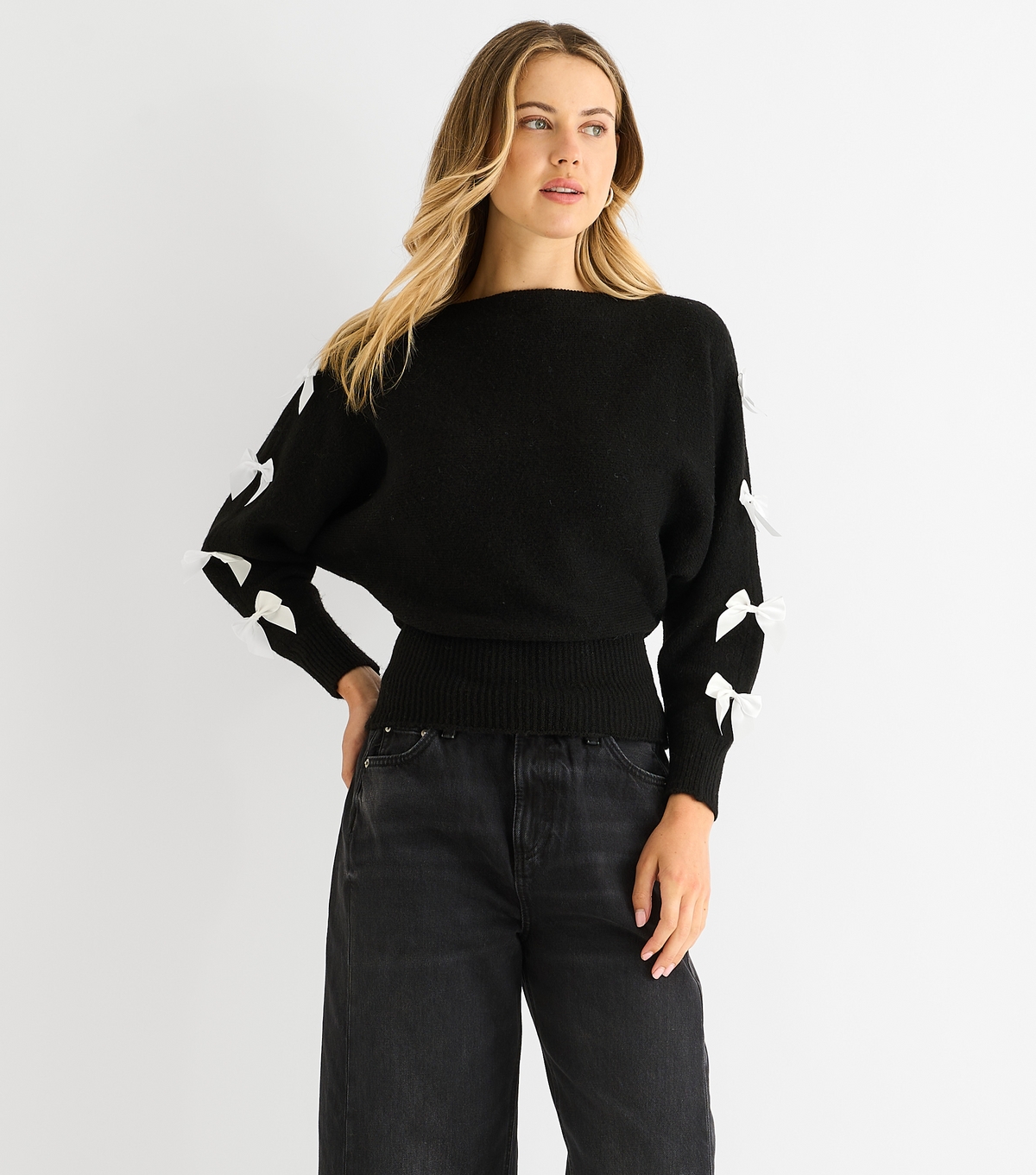Gini London Women's Black Contrast Bow Applique Jumper New Look Large