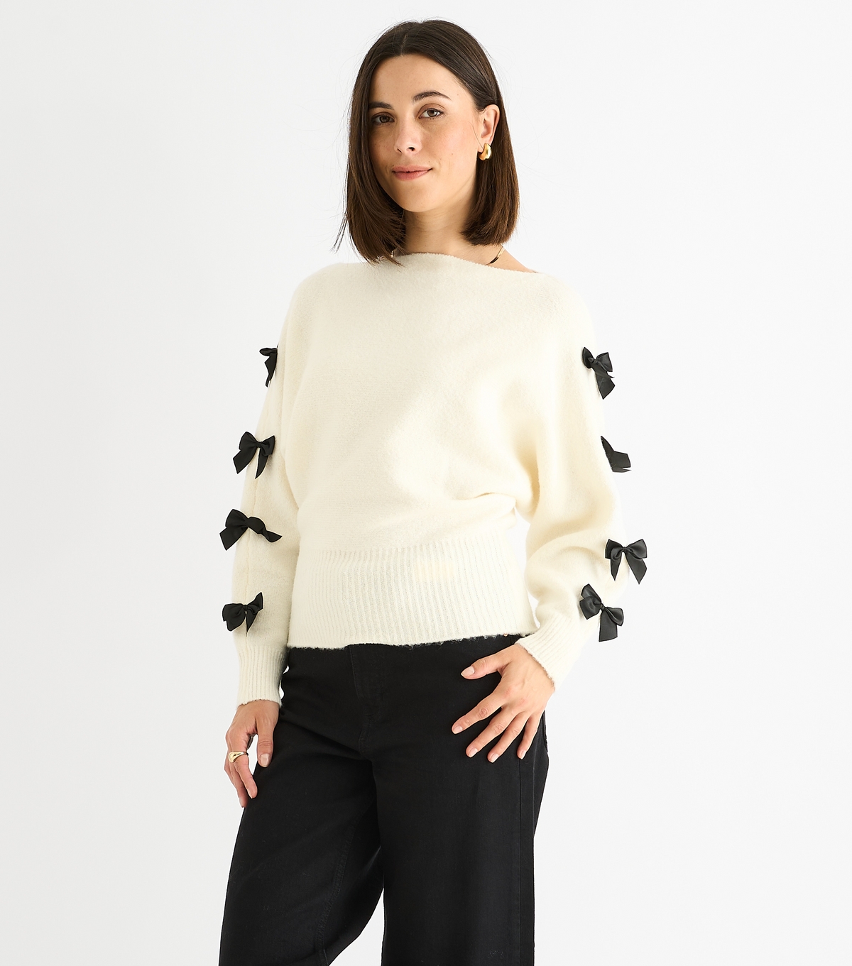 Gini London Women's Cream Contrast Bow Applique Jumper New Look Large
