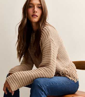 Camel Heavy Knit Fringe Hem Jumper