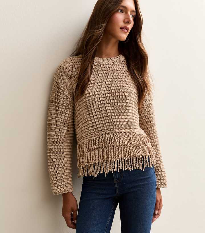 Camel Heavy Knit Fringe Hem Jumper New Look