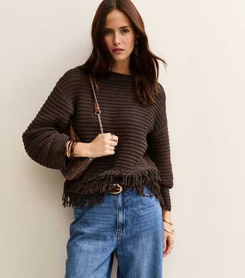 Dark Brown Heavy Knit Fringe Hem Jumper