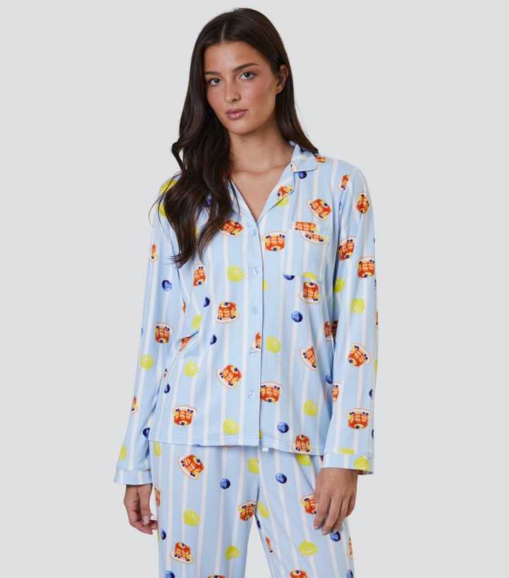 Loungeable Blue Pancake Print Long Sleeve Top and Trousers Pyjama Set