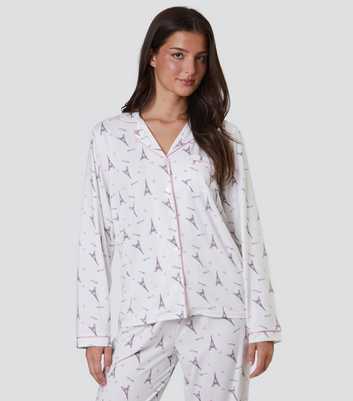 Loungeable White Paris Ooh Lala Print Long Sleeve Top and Trousers Pyjama Set