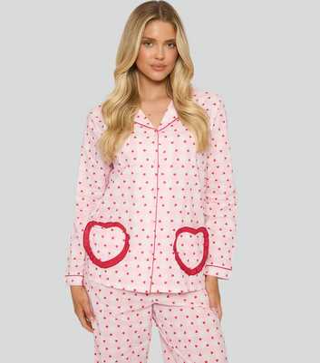 Loungeable Valentines Pink Heart Print Frilly Trim Shirt and Trousers Pyjama Set