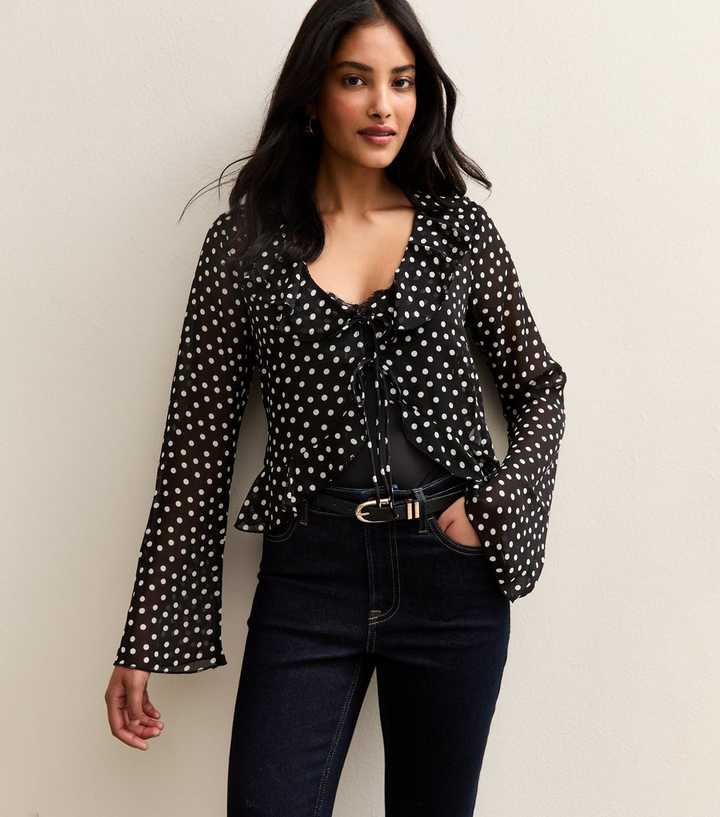 Black Polka Dot Chiffon Tie Front Blouse