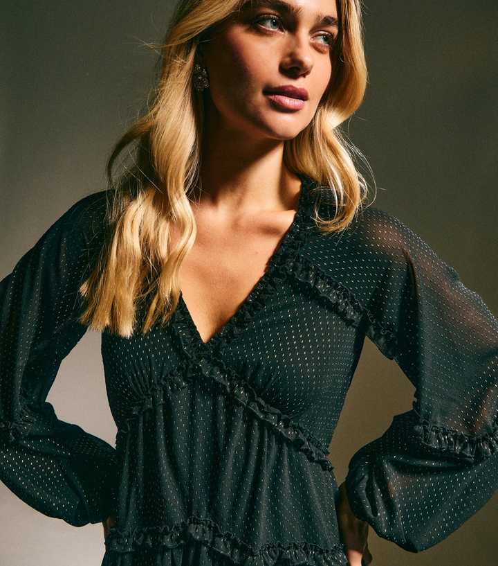 Black Chiffon Gold Fleck Mini Dress | New Look