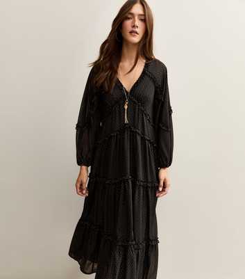 Black Gold Fleck Ruffle Trim Chiffon Midi Dress