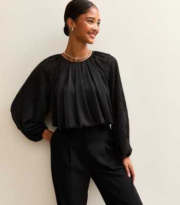 Black Bubble Hem Devore Sleeve Satin Blouse