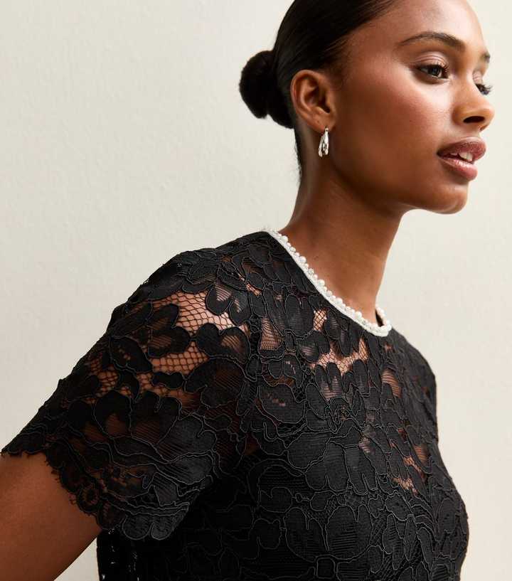 Black Lace Faux Pearl Trim Top