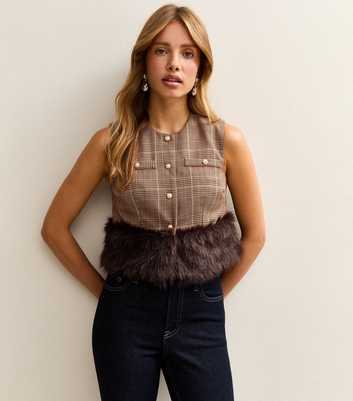Brown Check Faux Fur Trim Waistcoat