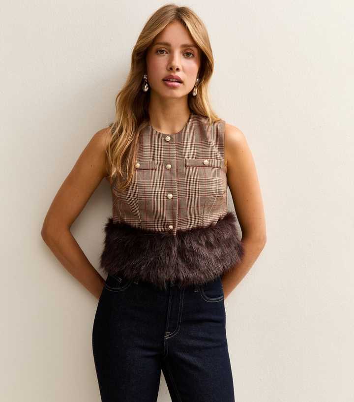 Brown Check Faux Fur Trim Waistcoat