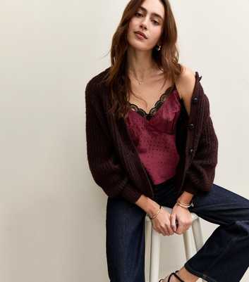Burgundy Polka Dot Satin Lace Trim Cami Top