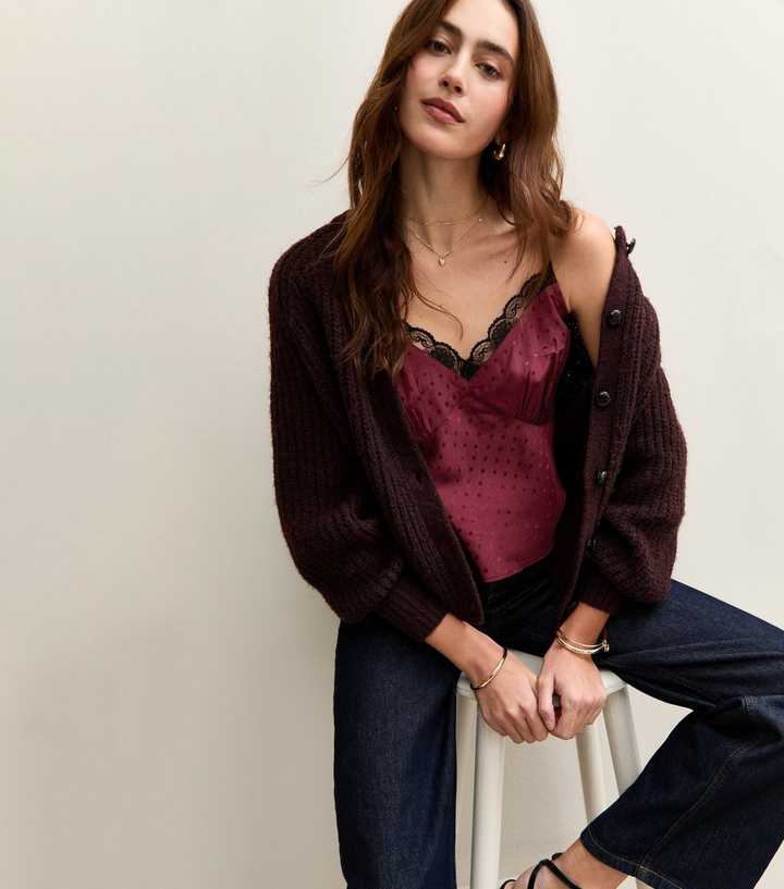 Burgundy Polka Dot Satin Lace Trim Cami Top