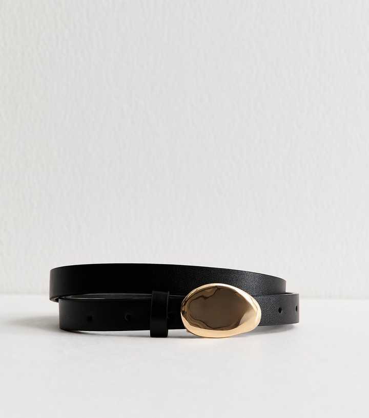 Black Faux Leather Gold Tone Abstract Belt