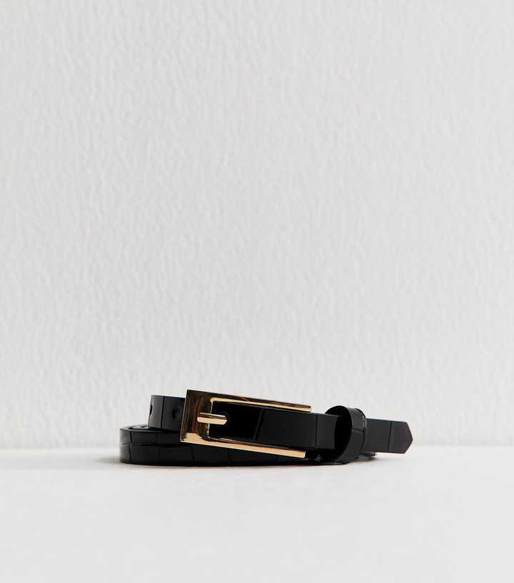 Black Faux Leather Croc Embossed Skinny Belt