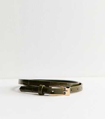 Dark Khaki Faux Leather Croc Embossed Skinny Belt