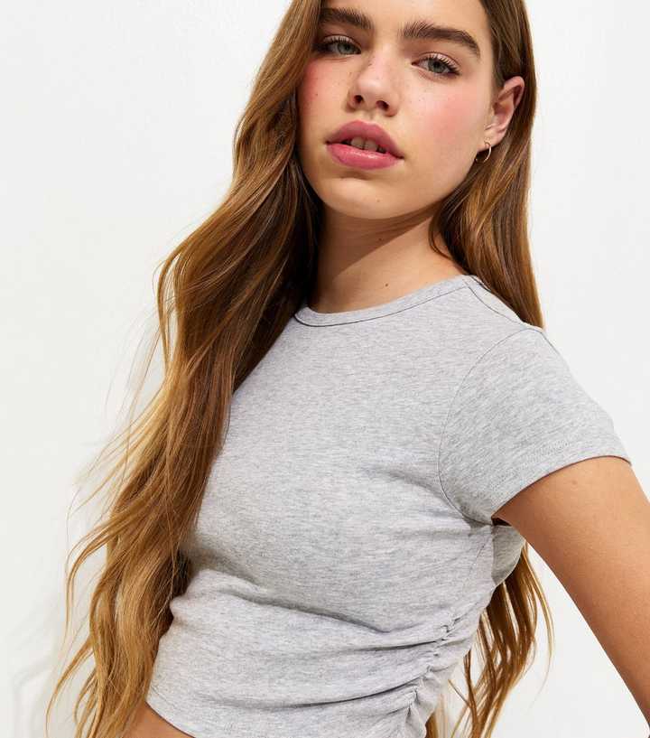Girls Grey Ruched Side Cap Sleeve T-Shirt