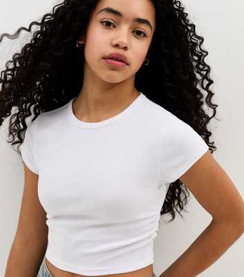 Girls White Ruched Side Cap Sleeve T-Shirt