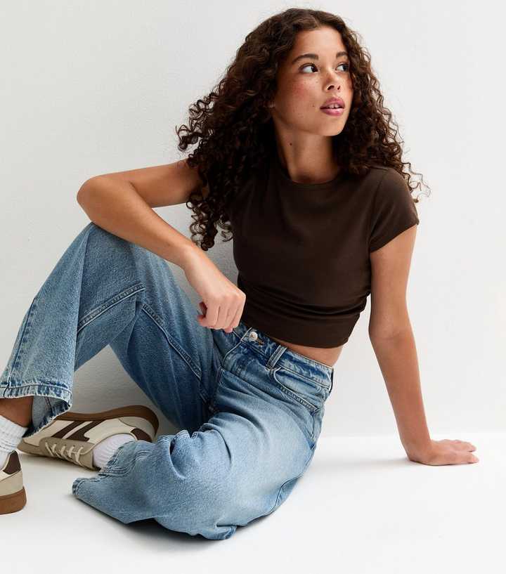 Girls Dark Brown Ruched Side Cap Sleeve T-Shirt