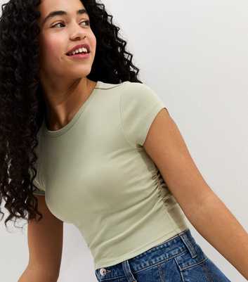 Girls Light Khaki Ruched Side Cap Sleeve T-Shirt