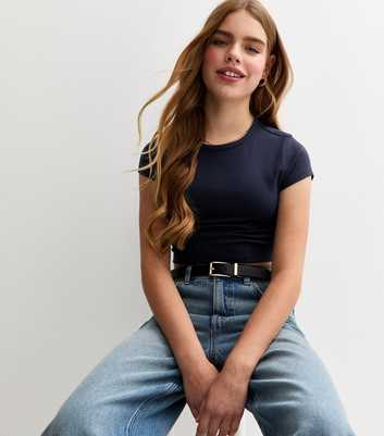 Girls Navy Ruched Side Cap Sleeve T-Shirt