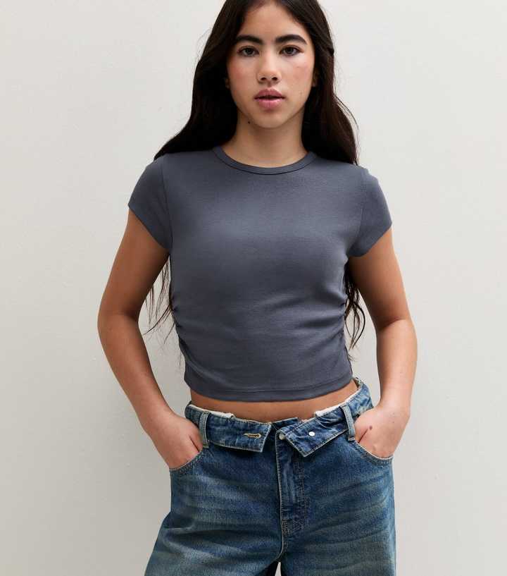 Girls Dark Blue Ruched Sides Cap Sleeve T-Shirt