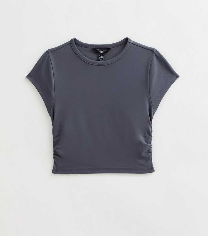 Girls Dark Blue Ruched Sides Cap Sleeve T-Shirt