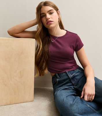Girls Dark Burgundy Ruched Side Cap Sleeve T-Shirt