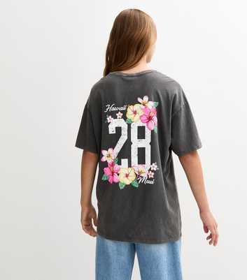 Girls Dark Grey Longline 28 Hibiscus Print Acid Wash T-Shirt