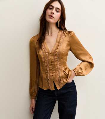 Burnt Orange Satin Lace Trim Blouse