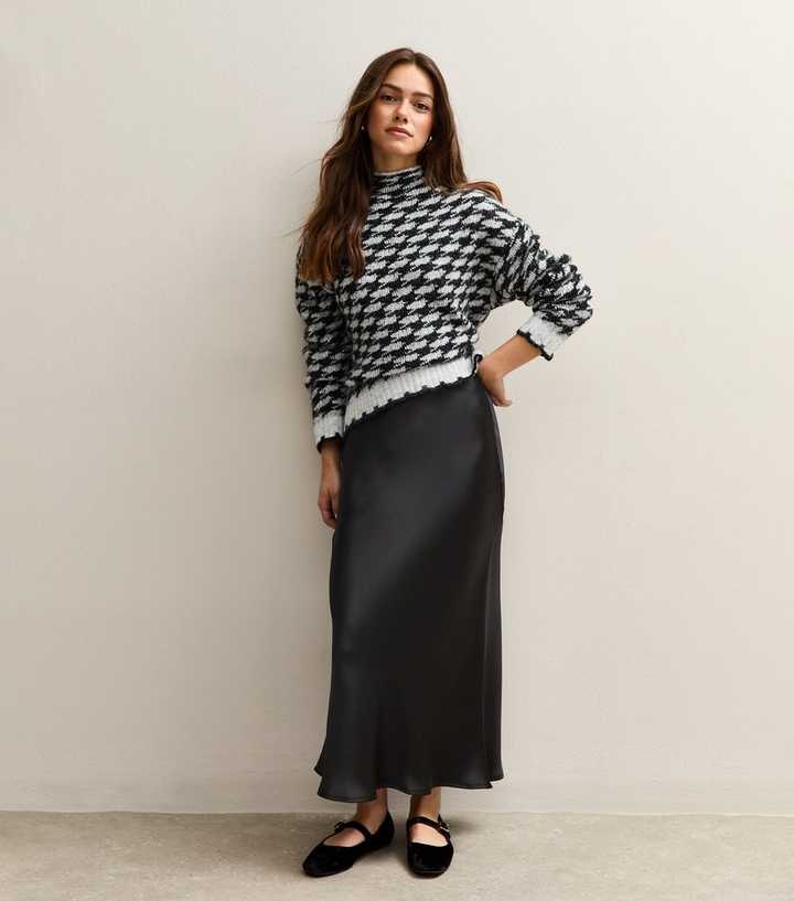 Petite Black Satin Bias Cut Midi Skirt