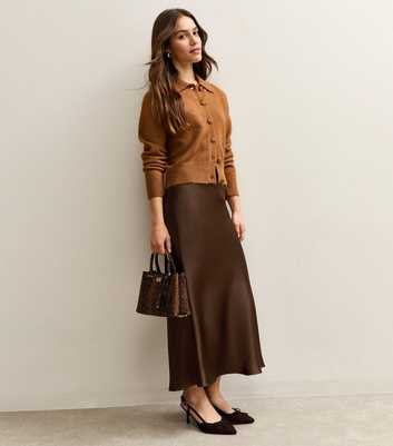 Petite Dark Brown Satin Bias Cut Midi Skirt