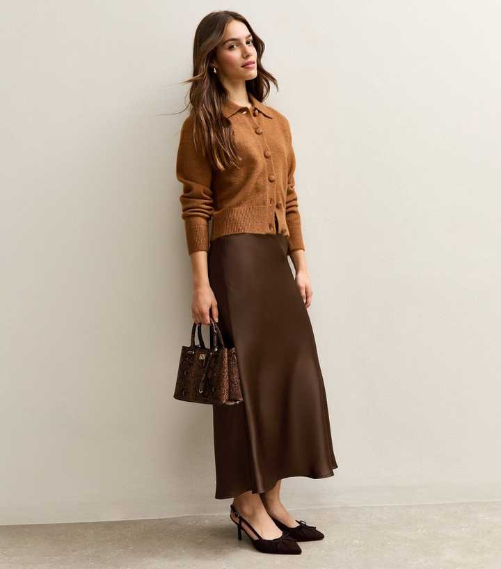 Petite Dark Brown Satin Bias Cut Midi Skirt