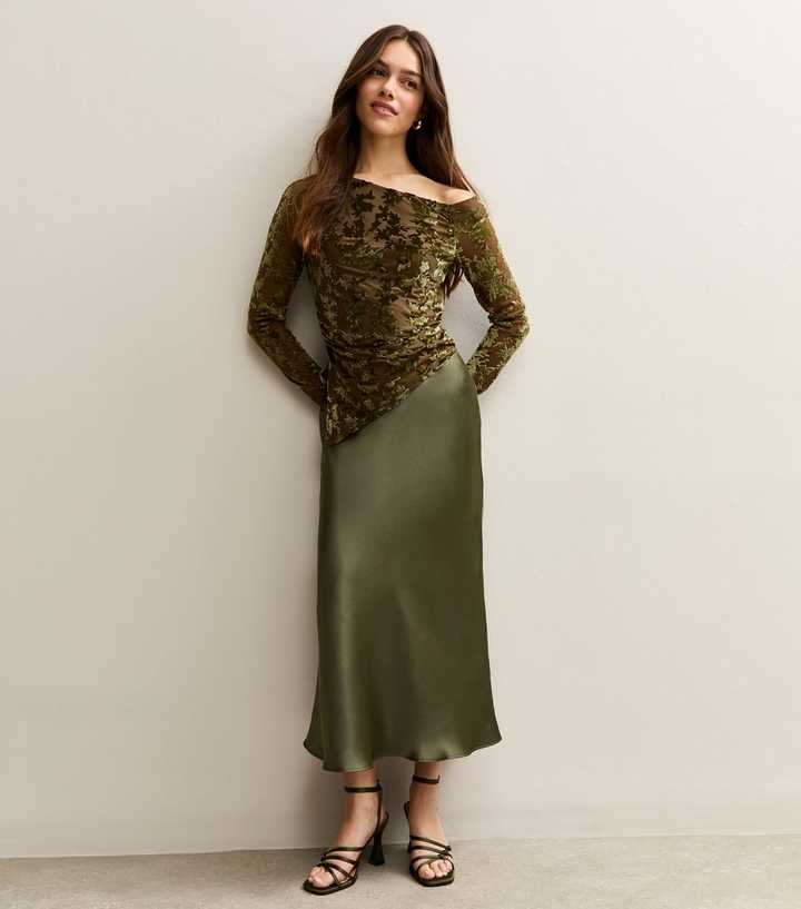 Petite Light Khaki Satin Bias Cut Midi Skirt