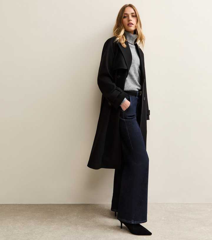 Black Brushed Double Breasted Trench Coat