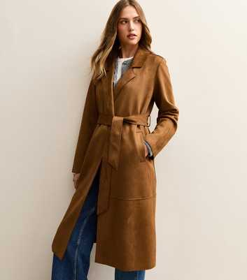 Tan Faux Suede Belted Duster Coat