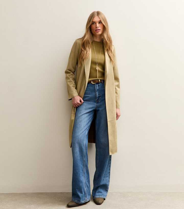 Light Khaki Faux Suede Belted Duster Coat