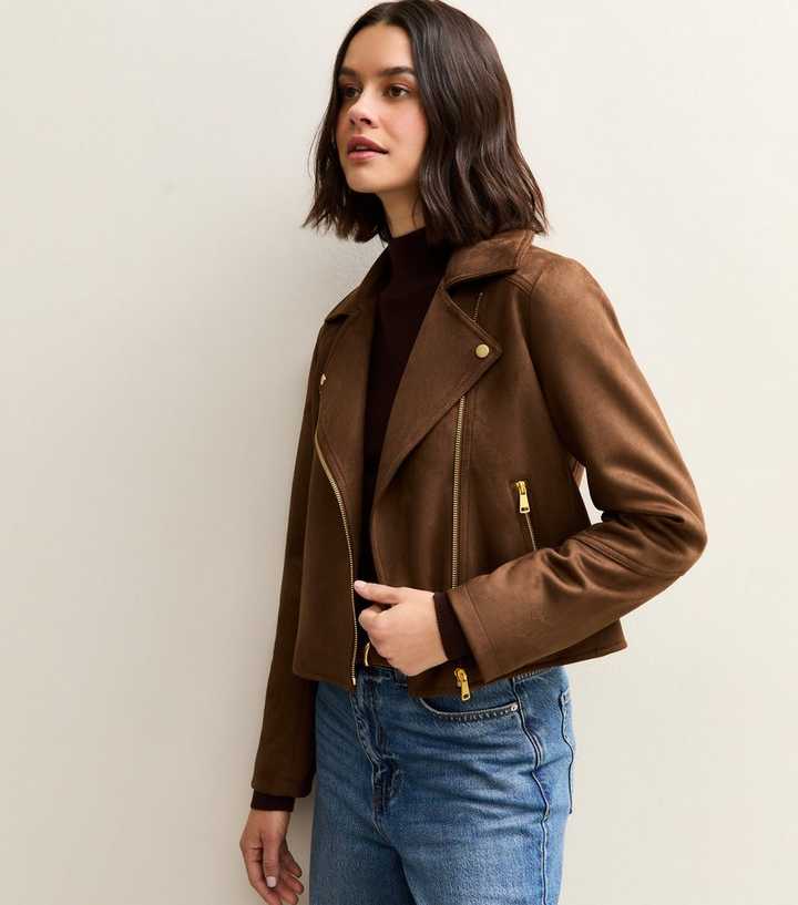 Mid Brown Faux Suede Biker Jacket