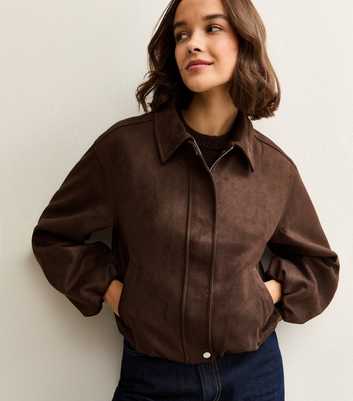 Brown Faux Suede Bubble Hem Jacket