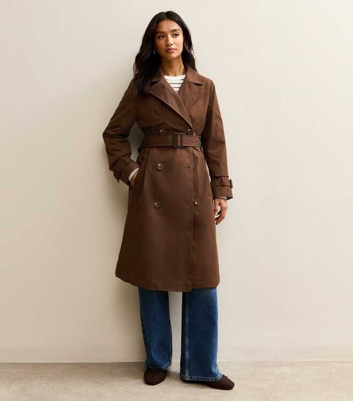 Petite Dark Brown Double Breasted Belted Mac Coat