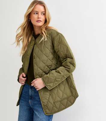Tall Khaki Collarless Quilted Jacket