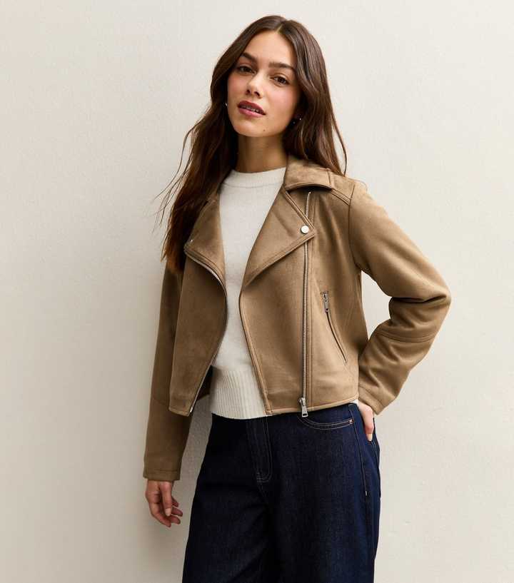 Petite Tan Faux Suede Biker Jacket